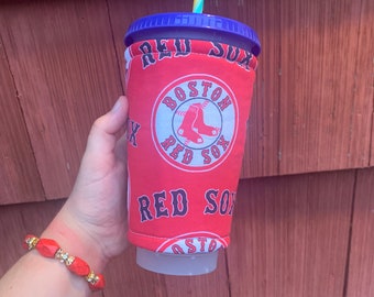 Boston Red Sox Print iced Coffee cozy~ 24 ounce Iced Coffee Sleeve~ Fleece Insulated