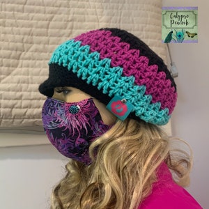 Adult unisex hat Ready To Ship Adult Vstitch Fuchsia, Sea-Foam and Black Visor hat and Mask set ~Adult Unisex Size