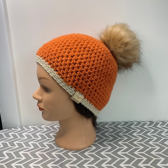 Ready to Ship Crochet Orange and Beige Beanie Hat Adult 
