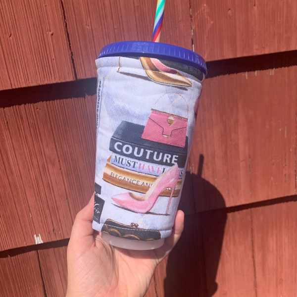 Fashion Couture Must Haves Glamour drink cozy Dunkin Lover Print Coffee cozy~ 24 ounce Iced Coffee Sleeve~ Fleece Insulated