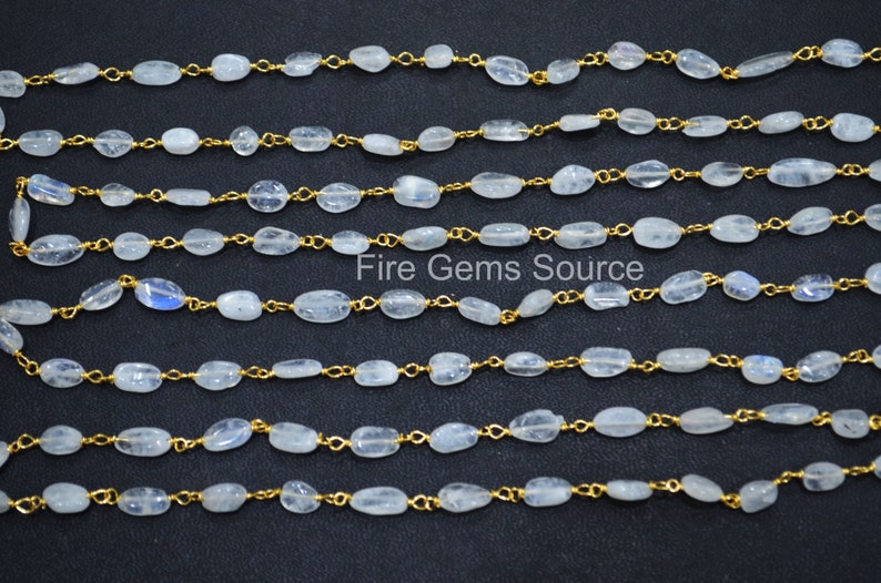 Sold By Foot 7-10 mm Rainbow Moonstone Wire Wrapped Chain RB65FGS12 Rainbow Moonstone Smooth Oval Shape Rosary Beaded Chain