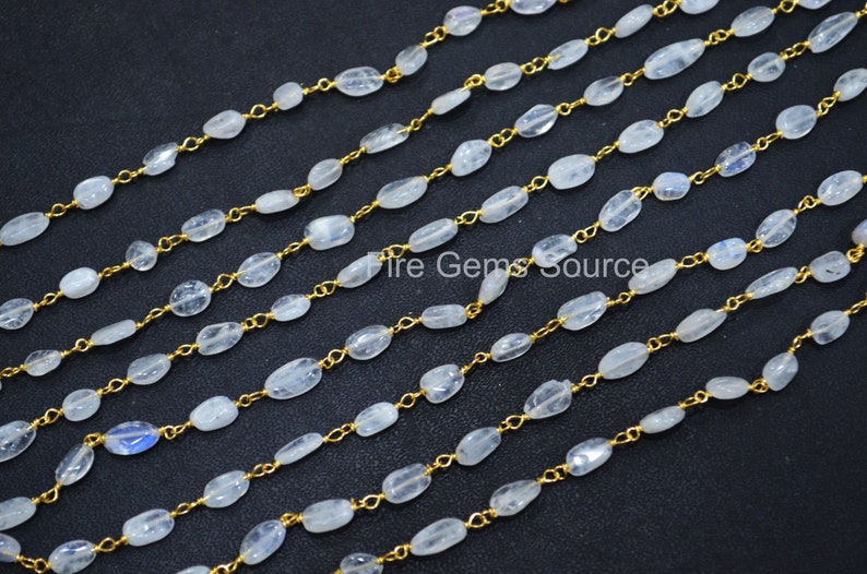 Sold By Foot 7-10 mm Rainbow Moonstone Wire Wrapped Chain RB65FGS12 Rainbow Moonstone Smooth Oval Shape Rosary Beaded Chain