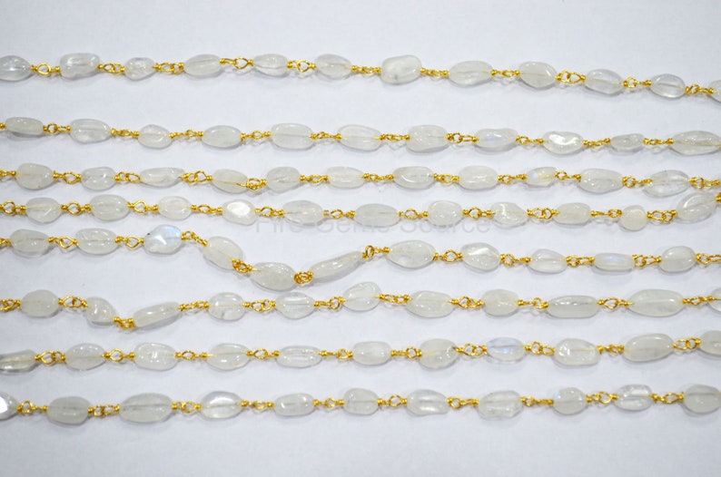 Sold By Foot 7-10 mm Rainbow Moonstone Wire Wrapped Chain RB65FGS12 Rainbow Moonstone Smooth Oval Shape Rosary Beaded Chain