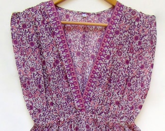 pink purple floral screen printed summer long jumpsuit - deep v neckline cotton jumpsuit - sleeve less bohemian jumpsuit