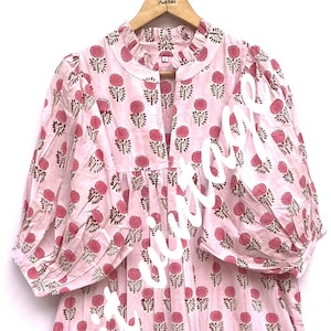 cotton pink floral hand block printed women&#39;s maxi dress - frill collar with belt long dress