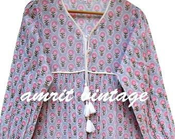 Pink Floral Cotton Boho Midi Dress – Hand Block Print Tiered Dress with Tassels – Long Sleeve Indian Prairie Style Tunic