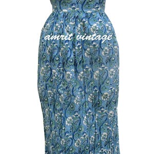 Blue Floral Block Print Cotton Midi Dress – Sleeveless Boho Sundress with Ruffle Straps – Indian Summer Garden Dress