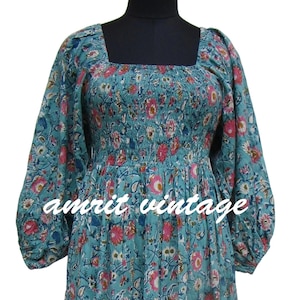 Blue Floral Smocked Cotton Maxi Dress – Long Puff Sleeve Square Neck Boho Dress – Hand Block Print Prairie Dress for Women