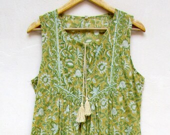 green floral block printed bohemian maxi dress - ruffle Henley neckline with tassel cotton dress - sleeve less summer long maxi