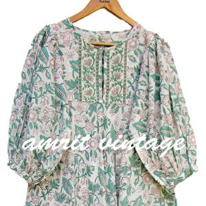 Green floral block print cotton maxi dress - puff sleeve boho dress - front yoke detail long dress