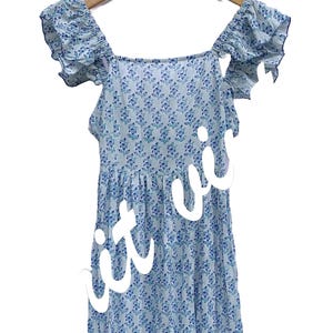 light blue bohemian block printed floral maxi dress - square neckline with back straps long dress -short sleeves cotton maxi