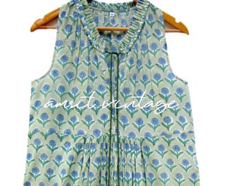 gray blue floral block printed cotton ruffle maxi dress - Henley neckline with tassel bohemian dress - sleeve less long maxi