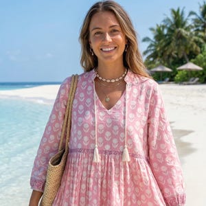 Blush Pink Hand Block Print Cotton Top – Boho Peplum Tunic with Tassel Tie Neck