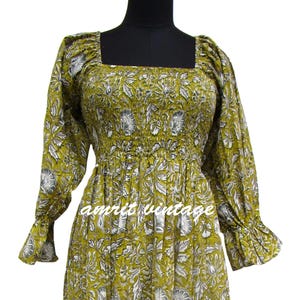 green floral cotton smocked maxi dress - square neck boho long sleeve dress - hand block printed bohemian dress