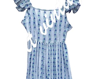 Blue Floral Cotton Midi Dress – Ruffle Sleeve Boho Sundress – Hand Block Printed Summer Dress – Square Neck Cottagecore Dress