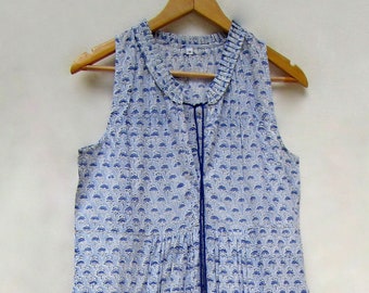 light blue floral block printed cotton ruffle dress - Henley neckline with tassel long ruffle dress - sleeve less bohemian maxi