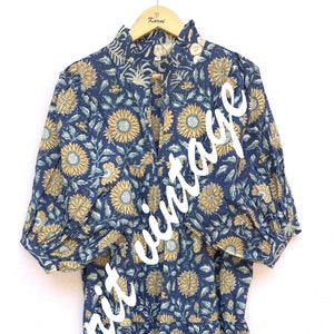 indian blue-yellow floral printed women&#39;s maxi dress - frill collar with belt cotton long dress
