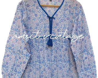 light berry's blue mit Blumen bedruckte Baumwolle lange Boho Maxikleid - V-Ausschnitt mit Quastenkleid - Langarm-Sommer-Maxi