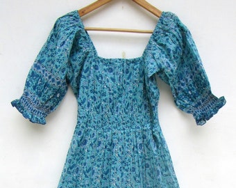 summer travel wear cotton long maxi dress - square neckline with smocked dress - half sleeve boho maxi