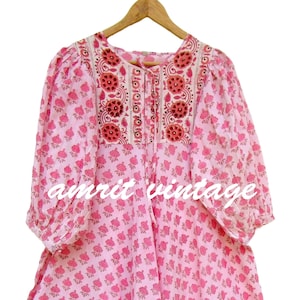 Pink Block Print Cotton Maxi Dress – Boho Puff Sleeve Floral Dress with Embroidered Yoke – Ethnic Indian Summer Kaftan Dress