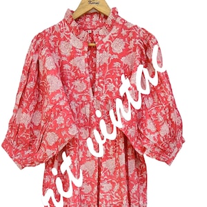 Red Floral Hand Block Printed Cotton Maxi Dress – Tiered Puff Sleeve Dress with Button Front & Ruffle Collar