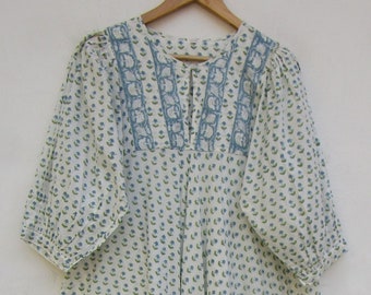 indian block printed umbrella maxi dress - Henley neckline with buttons dress - 3/4th sleeve with buttons maxi