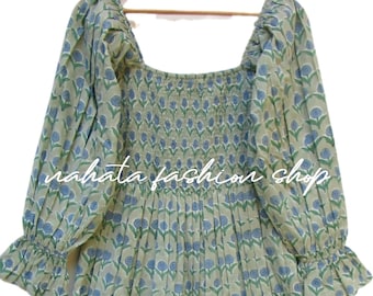 bohemian green floral printed women's maxi dress - square neckline cotton boho long dress