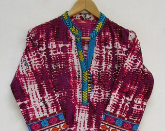 cotton tie-dyed printed bohemian women Kurtis | Henley neckline with printed border summer Kurtis | 3/4th sleeve boho Kurtis