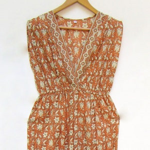 brown floral hand block printed cotton jumpsuit - deep v neckline with elastic waist ankle length jumpsuit - sleeve less bohemian jumpsuit