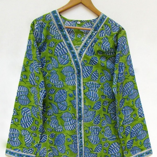 block printed cotton summer wear long robes - v neckline with printed borders ethnic wear robes - long sleeve Indian look robes