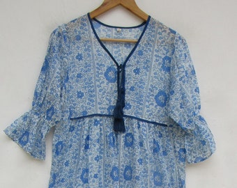 cotton voile printed summer maxi dress - v neckline with tassel boho maxi dress - 3.4th sleeve boho maxi dress