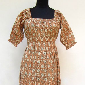 bronze floral printed summer cotton long maxi dress -  square neckline with smocked bohemian maxi dress - half sleeve summer dress