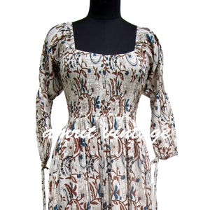 Brown Floral Block Print Cotton Maxi Dress - Smocked Bodice Square Neck Long Sleeve Boho Dress - Vintage Style Prairie Dress