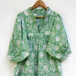 summer green ethnic printed maxi dress - v neckline summer dress - 3/4th sleeve with buttons maxi