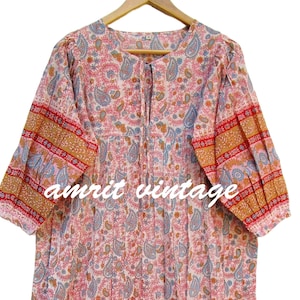 Pink Paisley Cotton Maxi Dress – Hand Block Print Boho Indian Dress – Long Sleeve Ethnic Festival Kaftan with Border Details