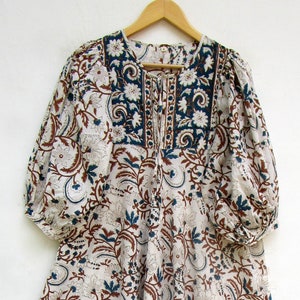 brown-blue floral umbrella hand block printed cotton maxi dress - Henley neckline with cotton ties dress - 3/4th sleeve with button dress