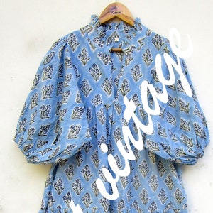 cotton light blue hand block floral printed long frill collar dress - v neckline bohemian dress - long sleeve summer maxi