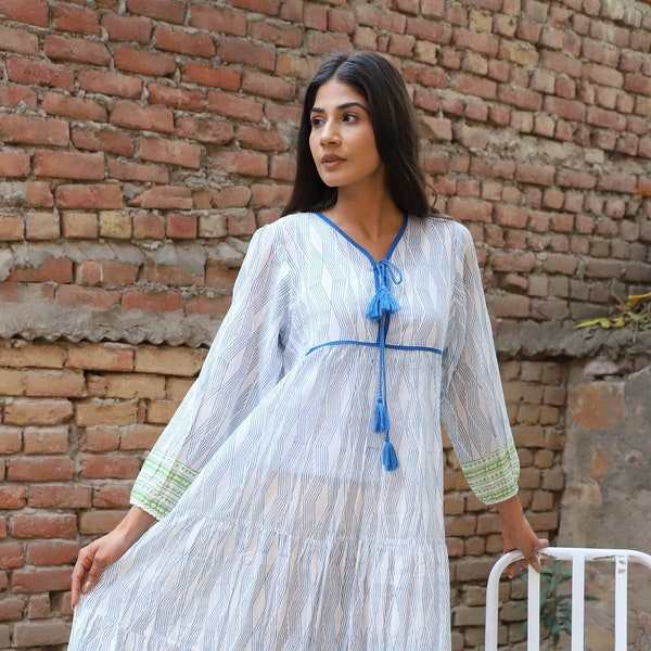 striped pattern travel wear long maxi dress - v neckline with tassel summer maxi dress - long sleeve Indian maxi dress