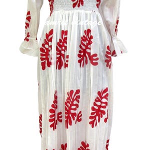 Red Floral Cotton Maxi Dress - Smocked Bodice Square Neck Long Sleeve Dress - Hand Block Printed Boho Prairie Style Dress