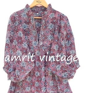 Navy Red Abstract Hand Block Printed Cotton Midi Dress – Boho Puff Sleeve Ruffle Neck Dress – Tiered Indian Summer Dress for Women