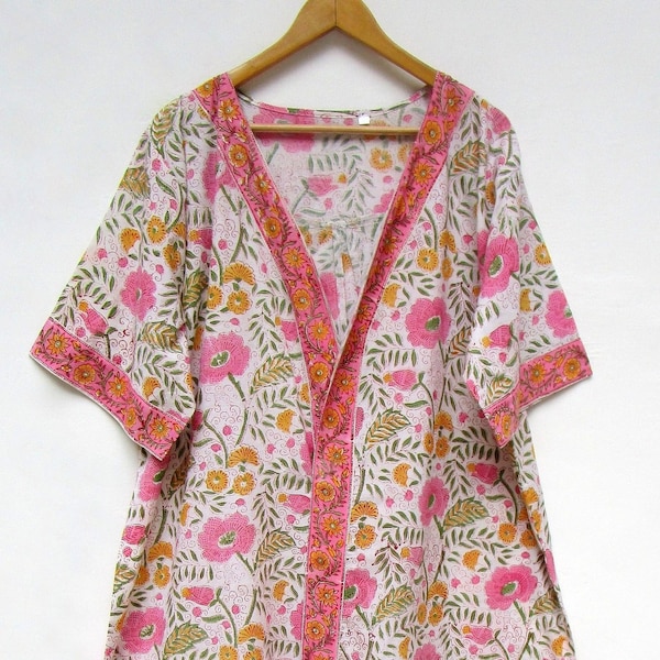 summer bath wear cotton floral printed robes - v neckline with belt robes - half sleeve robes