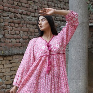 pink geometrical screen printed cotton long maxi dress - v neckline with tassel bohemian maxi dress - long sleeve summer dress