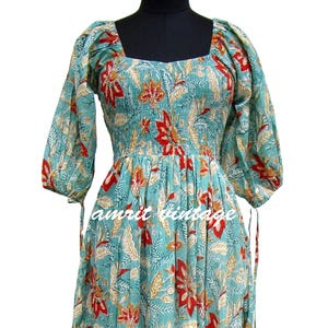 Floral Hand Block Printed Cotton Smocked Dress – Square Neck Puff Sleeve Maxi Dress – Boho Cottagecore Summer Dress