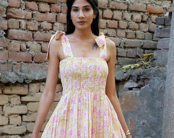 Pink Floral Cotton Sleeveless Dress – Hand Block Printed Ruffle Neck Boho Summer Midi – Lightweight Indian Sundress