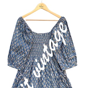 Blue Smocked Cotton Midi Dress – Boho Puff Sleeve Off Shoulder Dress – Hand Block Printed Indian Summer Dress
