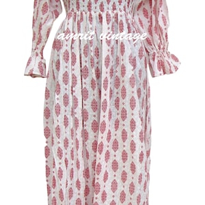 Red Block Print Cotton Maxi Dress - Smocked Bodice Long Sleeve Boho Dress - Square Neck Handcrafted Prairie Style Dress