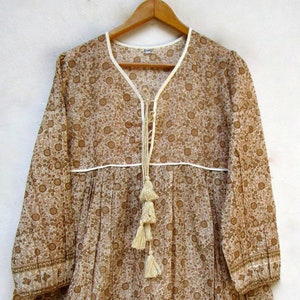 boho and hippie beige floral mini maxi dress v neckline with tassel summer mini maxi dress long sleeve mini dress image 1