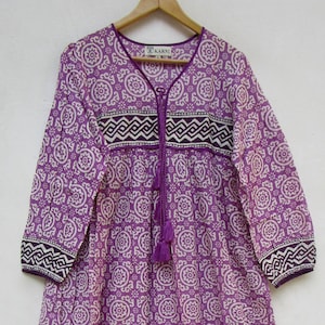 purple geometrical printed cotton long women maxi dress - v neckline with tassel dress - long sleeve summer Indian maxi