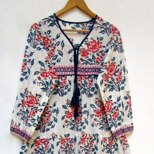 gulmohar floral look printed cotton long maxi dress - v neckline with tassel summer dress - long sleeve bohemian maxi
