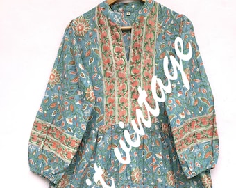 indian green-red floral hand block printed women's maxi dress - collar neckline with belt cotton long dress